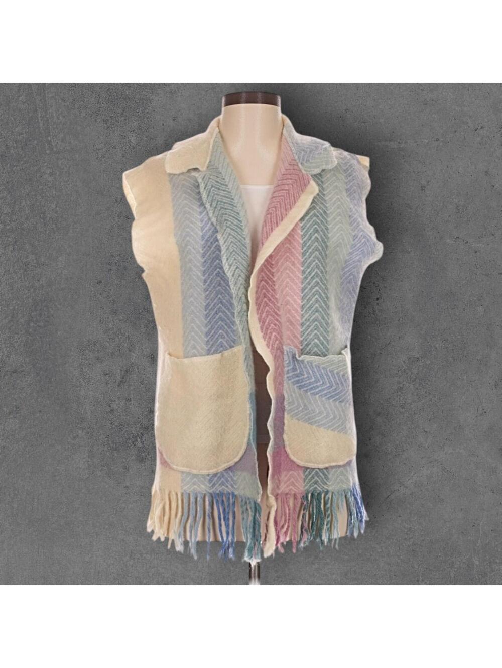 Sunshine Designs from Esther Ann Upcycled Vintage 100% Wool Boho Rainbow Vest OS